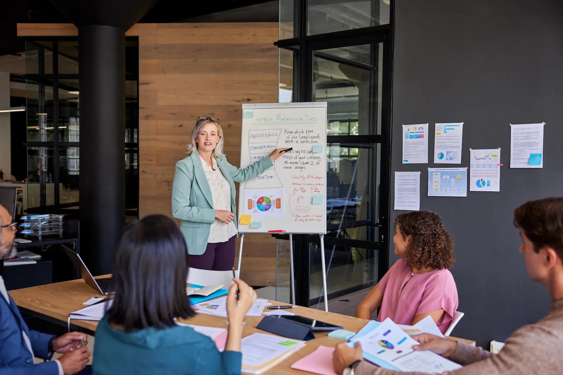 People gathered around a screen or whiteboard