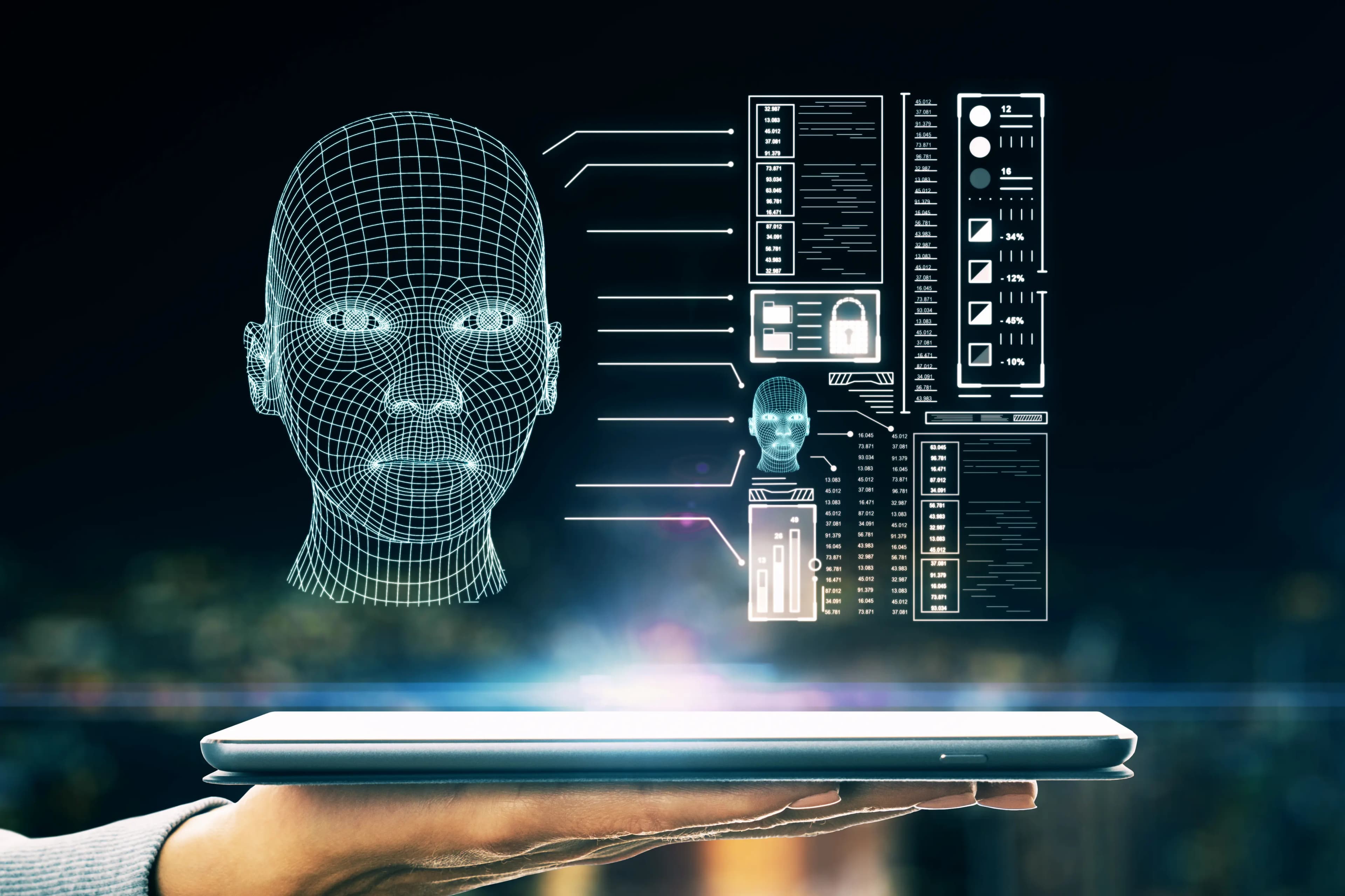 AI chatbot interface on tablet powered by AWS cloud, showing data analytics and face mesh, scalable public chatbot solution improving user support and reducing costs