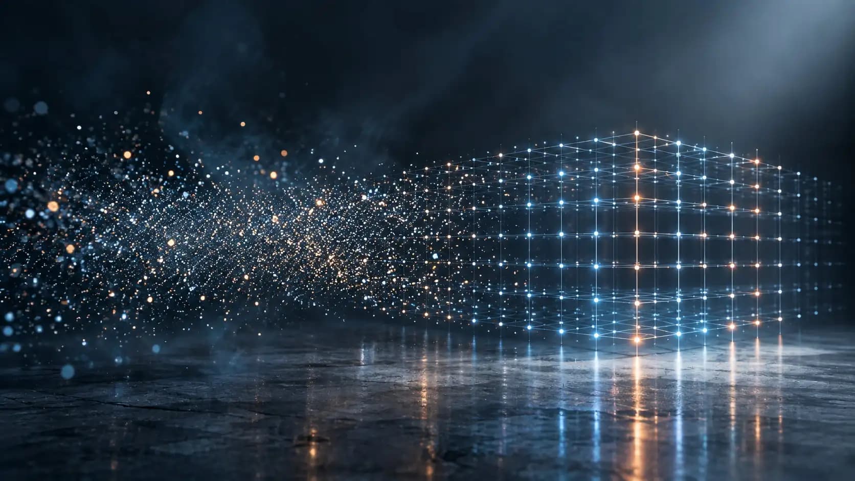 Particles drifting freely on one side and progressively aligning into a precise, evenly spaced geometric grid
