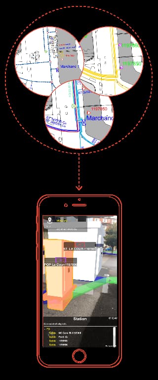 Big industrial building with mobile phone screen in the middle, showing the FILAR app